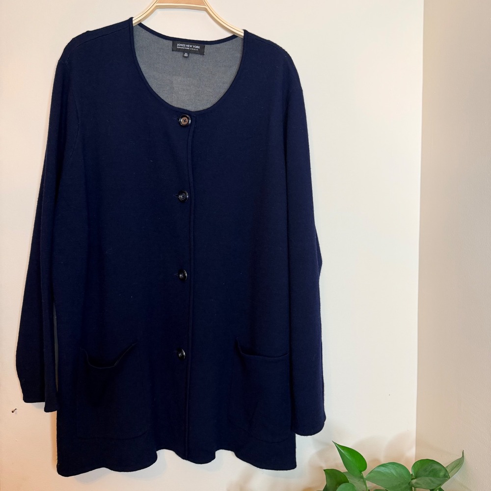 Jones New York Cardigan Women 3X Navy Blue Button Front Crew Neck Knit Career